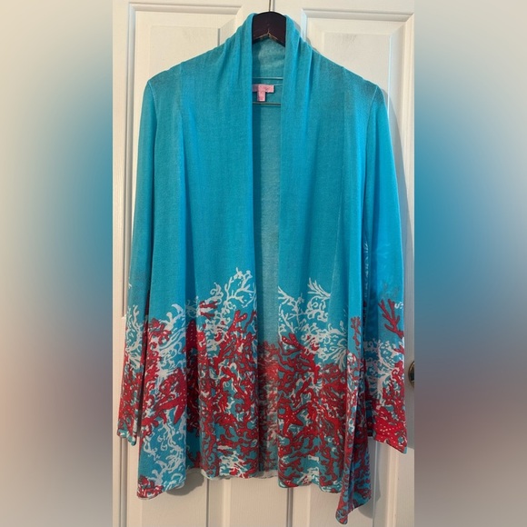 LILLY PULITZER S Turquoise Coral Cascade Colton Lightweight Open Front Cardigan - Picture 2 of 11